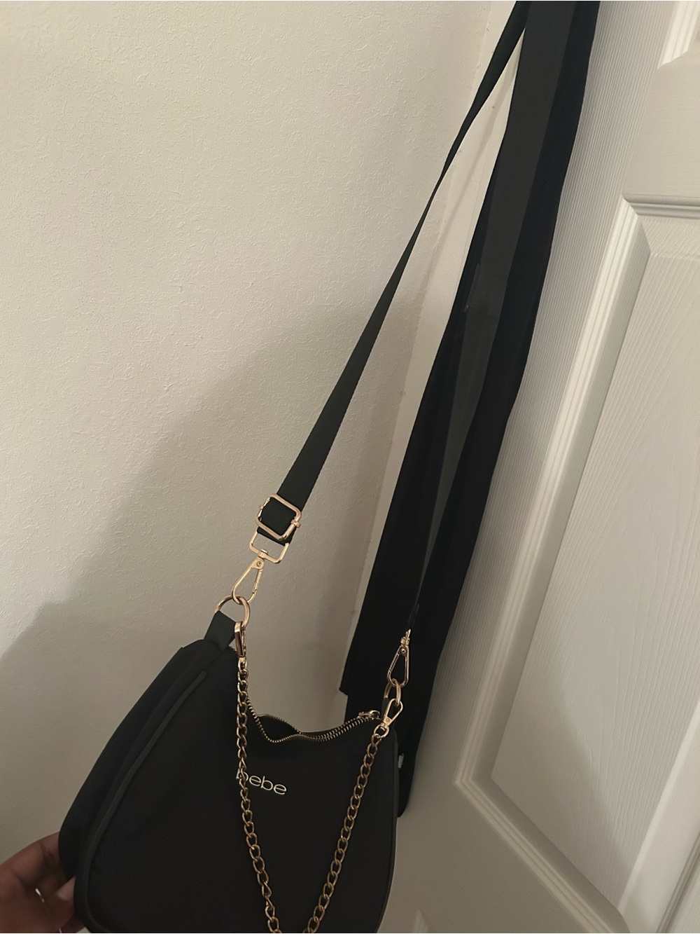 bebe Black Crossbody Bag with Gold Chain